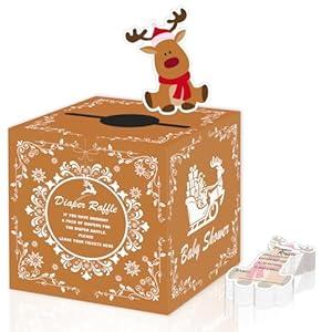 Christmas Diaper Raffle Box for Baby Shower - Santa Themed Party Games and Decorations with 50 Cards, Elk Design Diaper Raffle Box