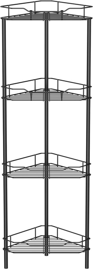 4 Tier Floor Standing Corner Shower Caddy Organizer Shelf with Hooks, Bathroom Shelves Stand Rack, Black