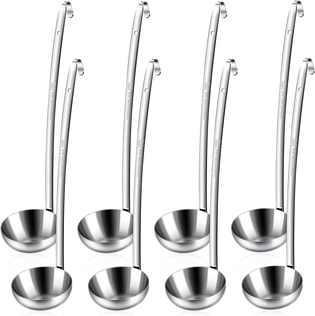 8pcs Stainless Steel Ladle 8 Oz Soup Ladle 14" long Spoon Heavy-Duty Metal Spoon Sets big spoons for cooking Serving Soups, Gravy, Portioning, Stirring