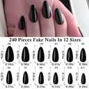 LoveOurHome 240pc Almond Press on Nails Medium Black Fake Nail Tips Full Cover Glue Almond Acrylic Nails Press ons Nail Short Stiletto False Artificial Fingernail & Glue Adhesive Tabs for Women Girls