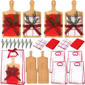 Suclain 4 Sets Christmas Kitchen Gifts Christmas Cutting Board Sets with Gift Bag Waffle Dish Cloths Plaid Ribbon Housewarming Cooking Gifts for Neighbor Xmas Home Party Decor
