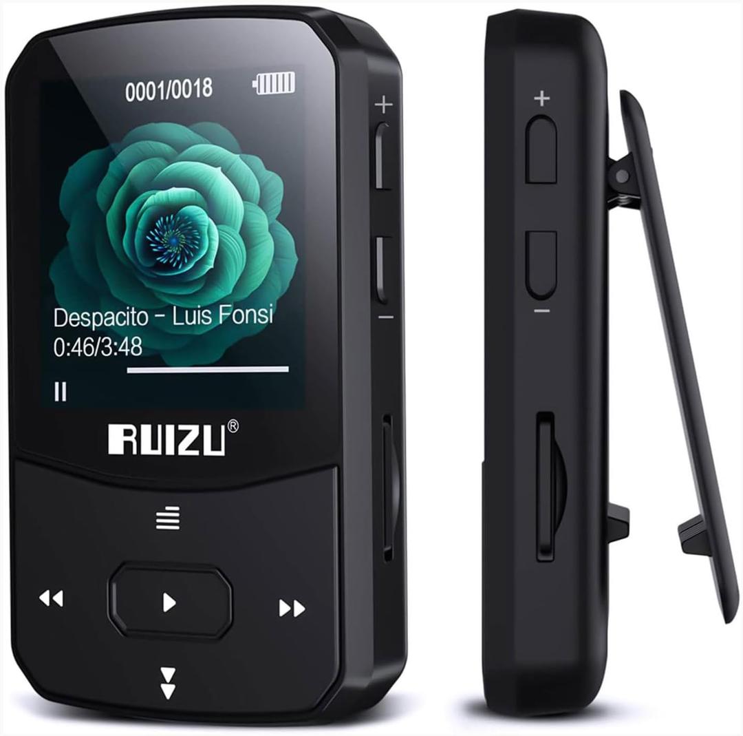 RUIZU 64GB Clip MP3 Player with Bluetooth 5.3, Portable Music Player with Voice Recorder for Sport Running, FM Radio, Pedometer, A-B Repeat, Audio Video, Shuffle Playback, Support 128GB TF Card, Black