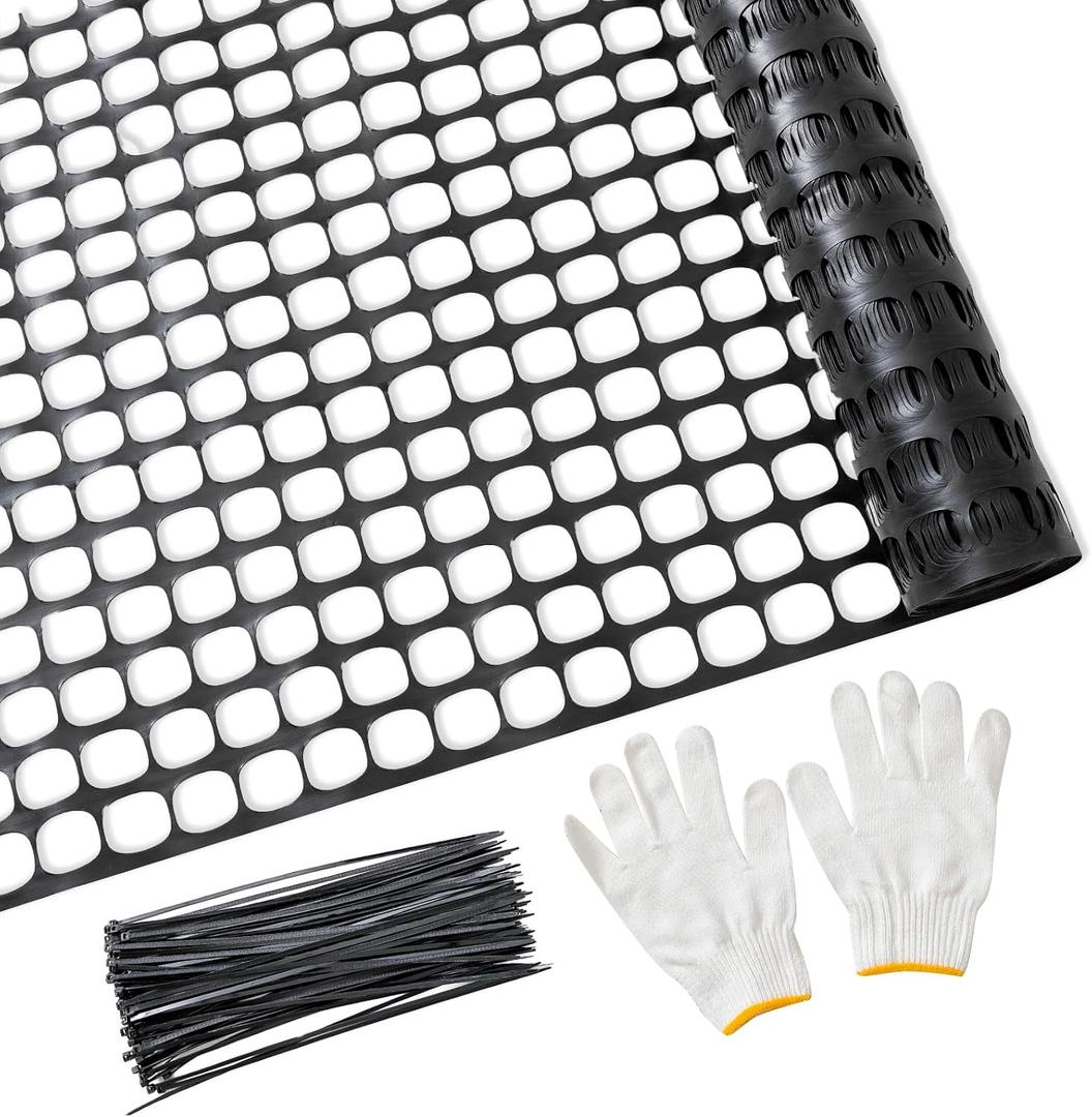 PotatoLife Plastic Mesh Fence Safety Fence, 4'x100' Roll with 100 Zip Ties, Resuable Temporary Netting for Garden Fencing, Construction, Snow Fencing, Animal Barrier, Poultry, Deer, Patio, Black
