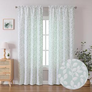 Chyhomenyc Anna White Green Curtains 84 Inch Length 2 Panels, Light Filtering 3D Embossed Textured Leaf Pattern Curtain Drapes for Bedroom Living Room, Each 38Wx84L Inches
