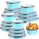Yaomiao 16 Pack Collapsible Food Storage Containers with Lid Foldable 8 Pcs Rectangle Storage Bowl and 8 Pcs Round Silicone Food Bow for Lunch Rv Accessories Microwave Freezer Safe (Gray, Blue)