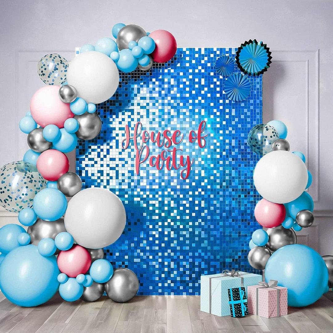 HOUSE OF PARTY Blue Shimmer Wall Backdrop - 24 Pcs Square Sequin Wall Panels Shimmer Backdrop, Wall Decor for Birthday Decorations, Wedding & Bachelorette Party