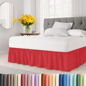 Wrap Around Dust Ruffle Bed Skirt - Red - for Queen Size Beds with 12 Inch Drop - Easy Fit Elastic Strap - Adjustable Pleated Bedskirt w/Brushed Fabric - Wrinkle Free - for Women, Men, Kids & Teens