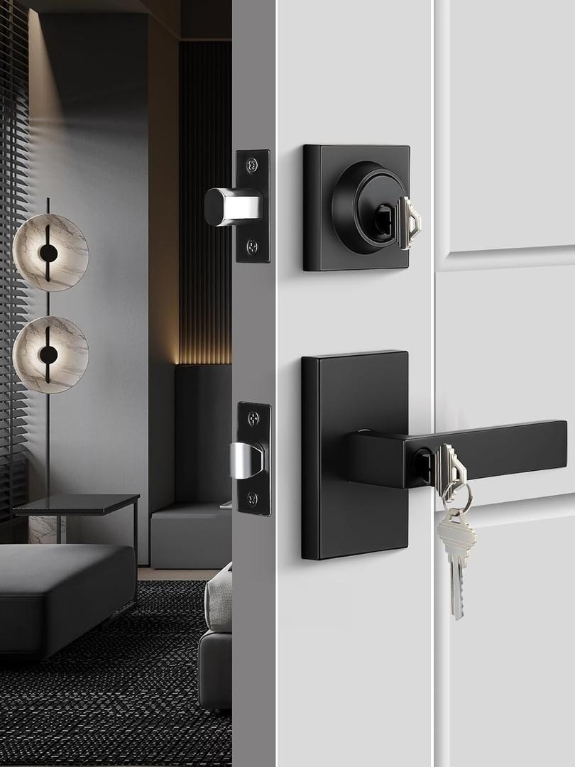 Black Exterior Door Lock Set, Front Door Lock Set with Deadbolt, Square Contemporary Matte Black Front Door Lock Sets, Heavy Duty Zinc-alloyed Exterior Door Handle (1 Pack) (Rectangular)