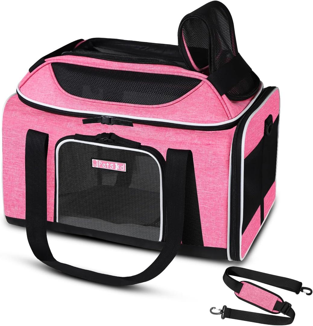 Petskd Top-Expandable Pet Carrier 17x11x9.5 Inches Alaska Airline Approved, Soft-Sided Carrier for Small Cats and Dogs with Locking Safety Zippers and Anti-Scratch Mesh(Pink)