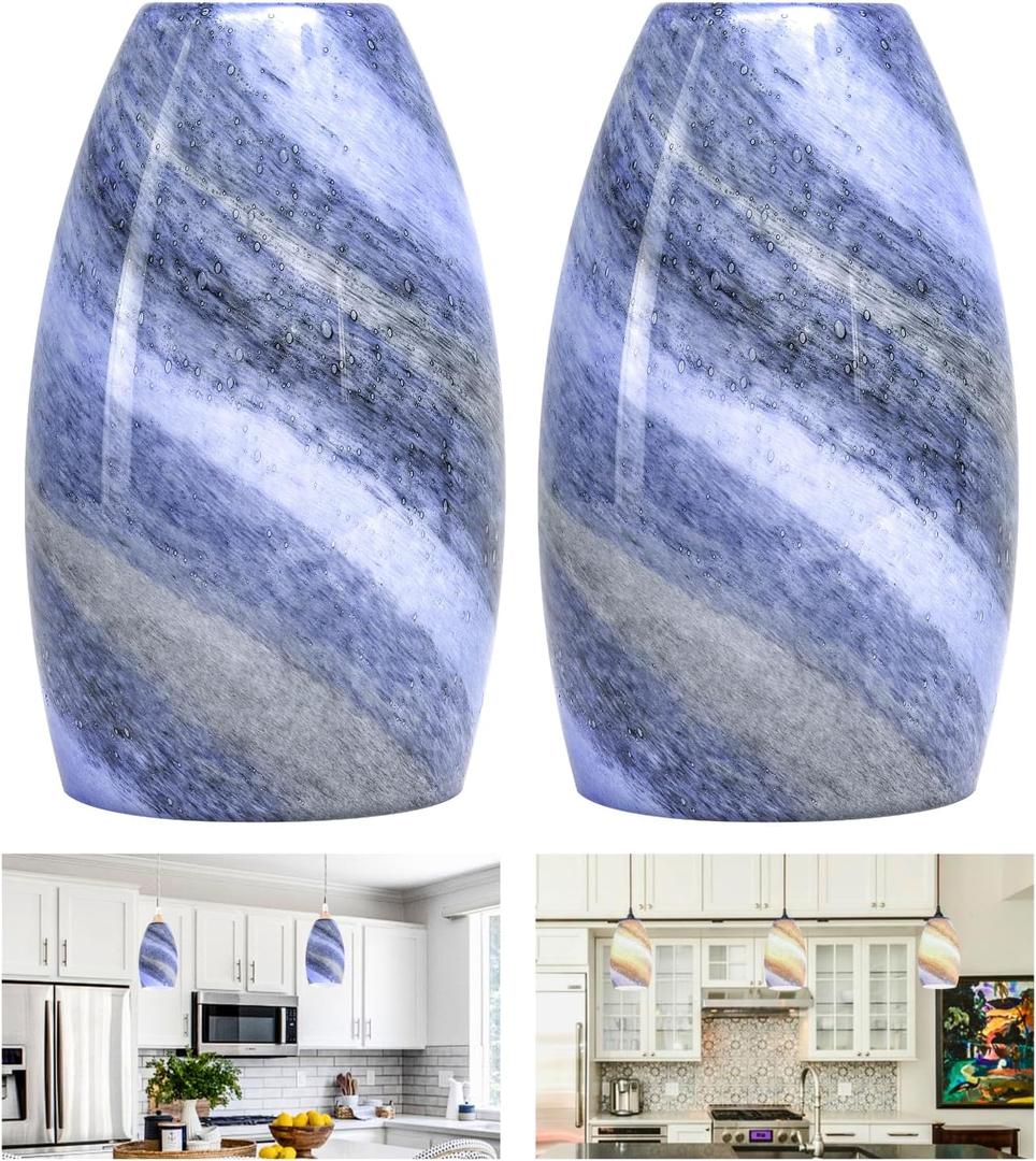 GO&SO Ocean-Blue Gradient Glass Art Lamp Shade -2 Pack Hand-Blown Fluid Flow Texture Pendant Light Shades Replacement,7.8"H Oval Fixture,1.57" Fitter,E26 Base,for Hanging Light Fixtures Kitchen Island