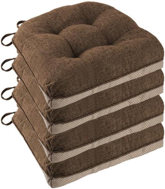Non Slip Chair Cushions for Dining Chairs Set of 4 Kitchen Chair Cushions 18"x18"x3" Turfted Chair Pads Comfortable and Soft Seat Cushion with Ties, Coffee