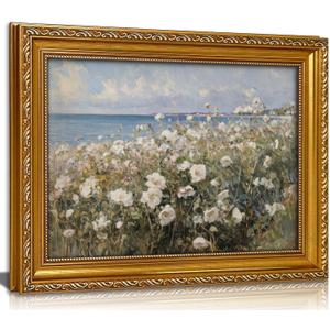 Vintage Golden Framed Wall Art Coastal Wildflower Canvas-Beach Floral Landscape Canvas Decor for Farmhouse Cottage Bedroom Living Room Bathroom | Serene Oceanfront Flower Print 16x24in