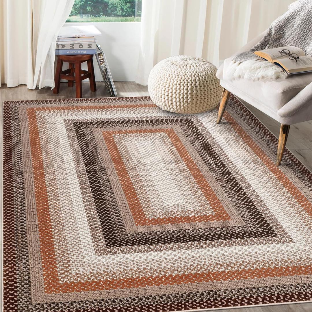 RUGSREAL Modern Rug for Entryway 3x5 Braided Machine Washable Living Room Rug Non Slip Small Dining Room Throw Carpet Stain Resistant Farmhouse Rustic Area Rug for Bedroom Kitchen, Brown/Rust