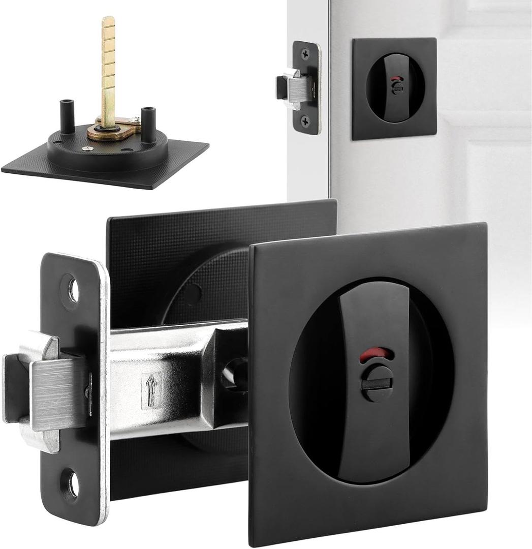 Pocket Door Hardware, Black Contemporary Privacy Square Pocket Door Lock, Pocket Door Latch, Matte Black Contemporary Pocket Door Privacy Lock, Sliding Door Lock, 1 Pack