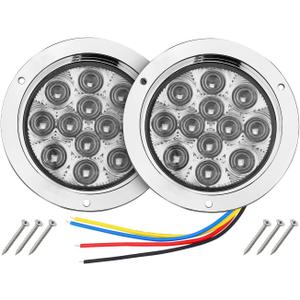 TMH 2 Pack of 4 Inch Round Clear Lens Red LED Flashing Strobe Trailer Tail Lights, 12 LED with Chrome Housing, Strobe Solid Flash Patterns 12V for Truck, Bus, RV, Tow Vehicles (2 Pcs)