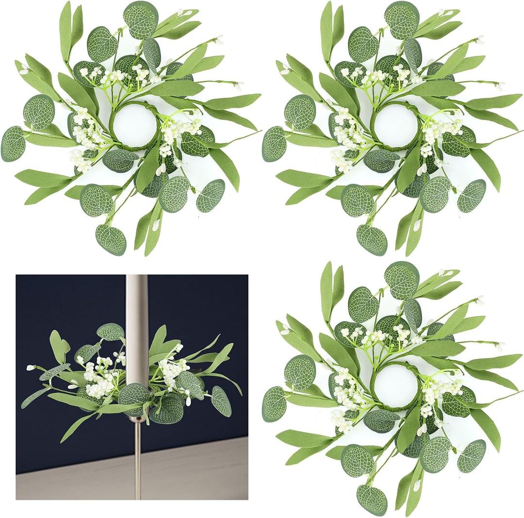 4 PCS Eucalyptus Taper Candle Rings Wreaths 1.38" Mini Spring Summer Floral Taper Candle Holder Wreaths Green Artificial Flower Table Centerpieces Wreath for Church Farmhouse Home Candlesticks Decor