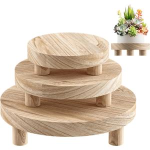 3 Pcs Wood Plant Stand Indoor Outdoor, Round Wood Riser for Decor 6/8/10" Wooden Stool Display Stand Flower Pot Holder Small Planter Tray Modern Potter Decorative for Desktop Counter Room (Natural)