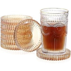 JUXYES 8 Pack Amber Tone Crystal Coasters Round Cup Mat, Glass Coasters for Drinks Coffee Tea Wine, Decorative Wine Bottle Coaster, Crystal Drink Coasters for Restaurant bar Kitchen Dining Table