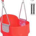 Toddler Swing Seat with Coated Chains, Heavy Duty Kids High Back Bucket Swings with Tree Straps and Hooks for Outdoor, Playground, Backyard, Swing Set Accessories by Domaker, Red