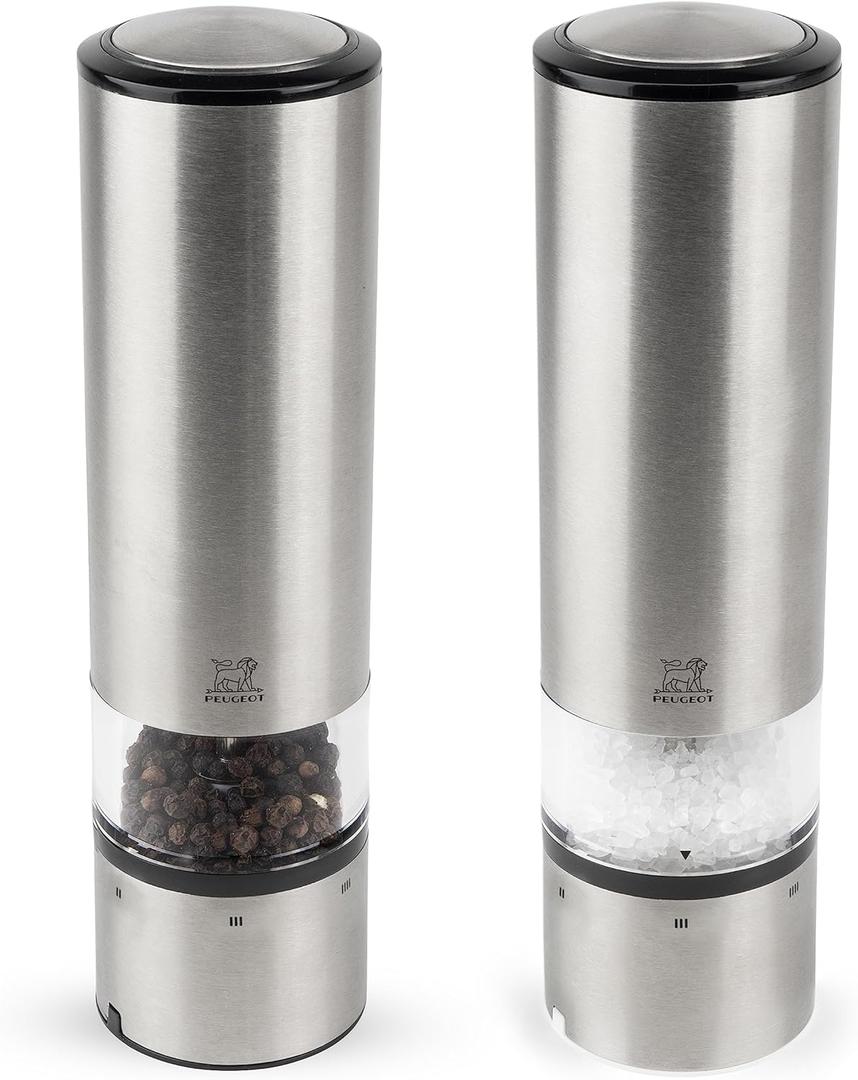 Peugeot - Elis Sense u'Select Electric Salt and Pepper Mill Set - Adjustable Grinders, Battery Powered - Blue LED Light, Stainless Steel, 8-inches