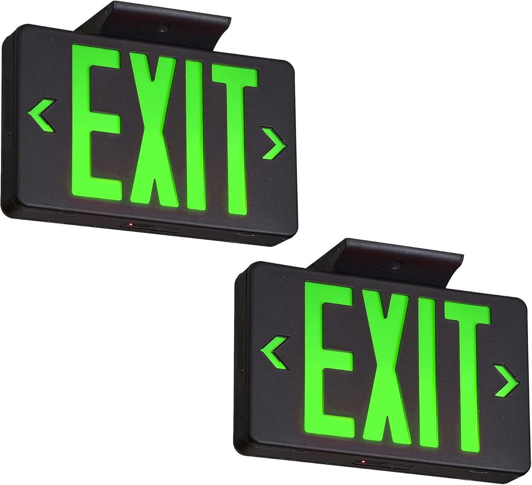 TANLUX Green Exit Sign with Black Housing, LED Emergency Exit Light with Battery Backup, UL Listed, Hardwired Exit Signs with Emergency Lights, Commercial Emergency Lights for Business - 2 Pack