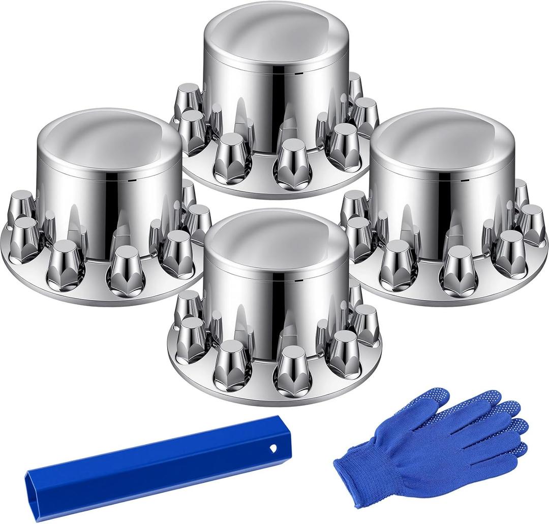 JiiinMiiin 33mm Axle Cover Chrome Dome Combo Kit Thread-On Lug Nut Covers with 4 Rear Axle Wheel Covers Removable Hub Caps for Semi Truck (Installation Tool Included)
