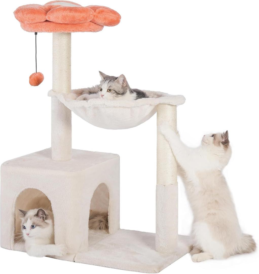 Flower Cat Tree 34" Scratching Post Small Cat Tower for Large Cats,Featuring with 15.7Large Hammock, Removable Top Bed and Wide Condo for Indoor Cats, Beige