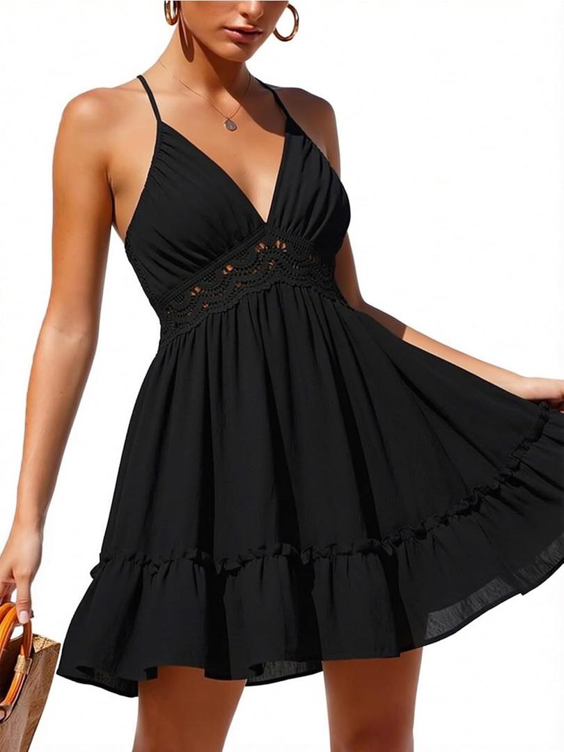 ECOWISH Summer Dresses for Women 2026 V-Neck Spaghetti Strap Bowknot Backless Sleeveless Lace Mini Swing Skater Dress (Medium)