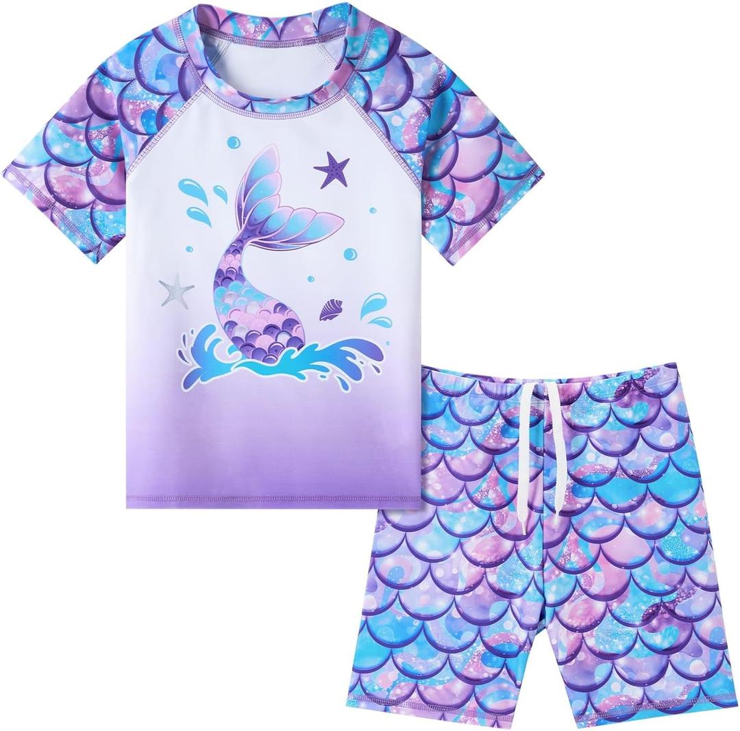 WAWSAM 2 Pieces Girls Rash Guard Toddler Swimsuit Girl Swimsuit Short Sleeve Bathing Suit for 3-6 Years (5T, Mermaid Purple)