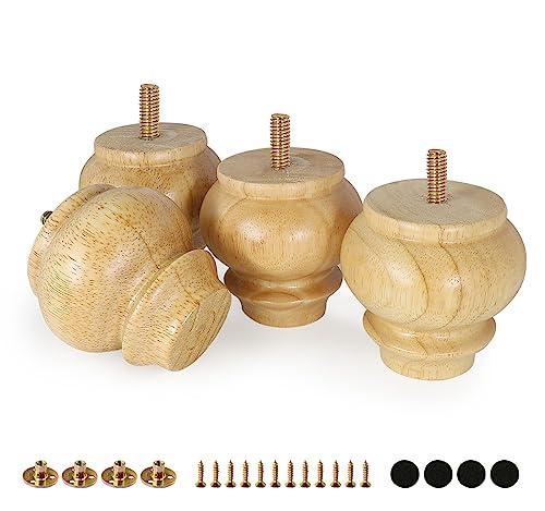 FoDau770 Rubber Wood Furniture Legs 3 Inch, Mid-Century Modern Couch Feet Heavy Duty Sofa Legs Set of 4, Vintage Dresser Feet Round Ottoman Leg Bun Feet Replacement Leg for DIY Furniture Projects