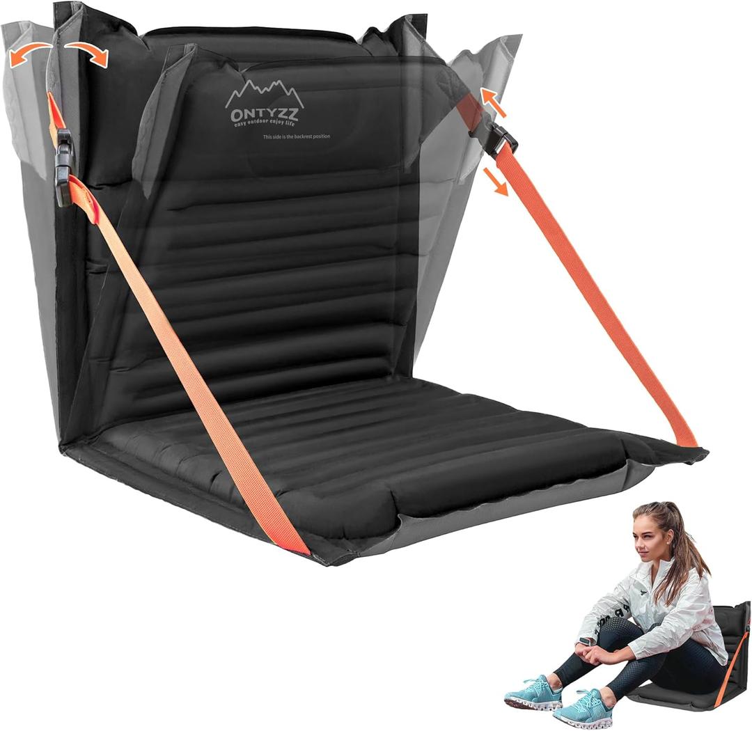 ONTYZZ Stadium Seats with Back Support Inflatable Portable Folding Comfort Seat Waterproof Cushion with Backrest for Sports Events Stadium and Camping (Black)