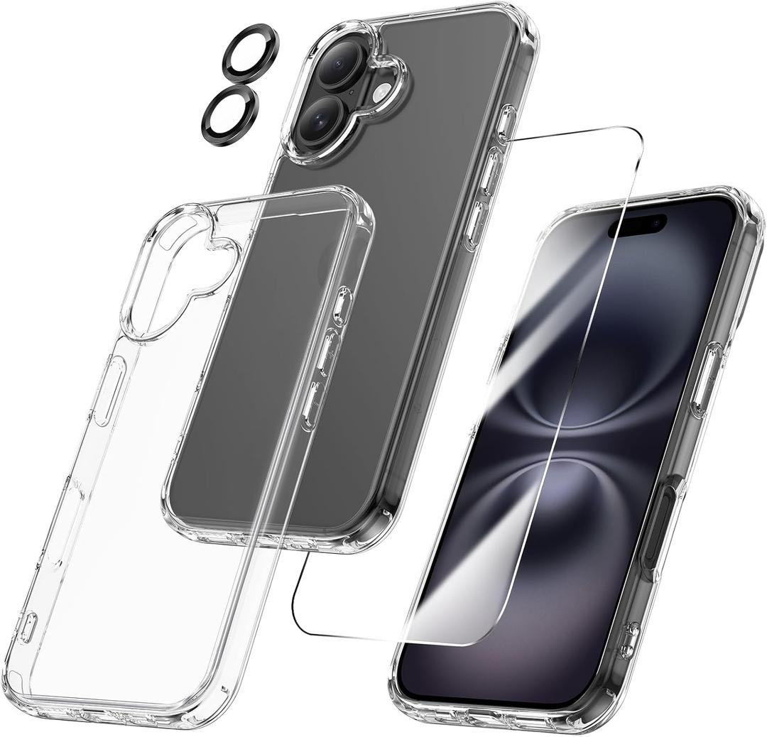 Maxdara [3 in 1 Compatible with iPhone 16 Case, iPhone 16 Crystal Clear Case with Front Tempered Glass Screen Protector and Camera Lens Protector Slim Shockproof Case for iPhone 16, Clear/Black