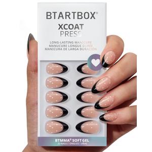 BTArtbox Press On Nails Short - Dot Couture, Lamp-Curable Almond Black French Tip Press On Nails with Glue and Adhesive Tabs for Women, Soft Gel Glue On Nails in 16 Sizes - 32 Stick On Nails Kit