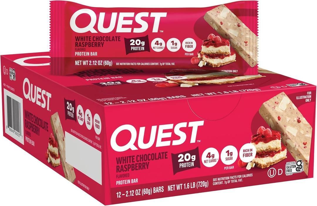 Quest Nutrition White Chocolate Raspberry Protein Bars, 20g Protein, 1g Sugar, 5g Net Carb, High Fiber, Gluten Free, Keto Friendly, 12 Count (EXP 05/07/26)
