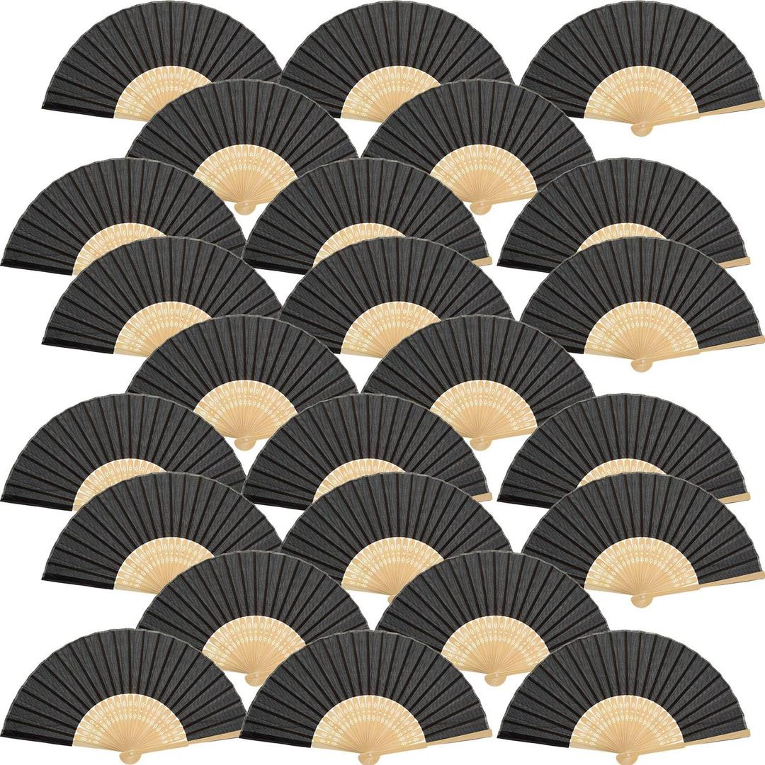 Bememo 24 Pack Folding Fans Paper Fans Handheld 8.3 Inch Bamboo Handheld Folded Craft Chinese Japanese Hand Fan for Women Weddings Bridal Shower DIY Decoration Gift Party Favors (Black)