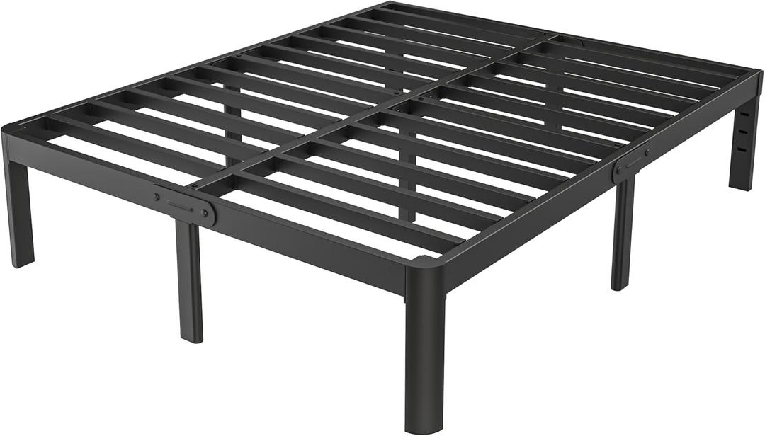 Queen Size Bed Frame Black, 16 Inch Metal Queen Bed Frame No Box Spring Needed, DIY Headboard Holes, Heavy Duty Steel Support 3500 LBS, Noiseless, Round Corner Leg, Storage Space, Easy Assembly