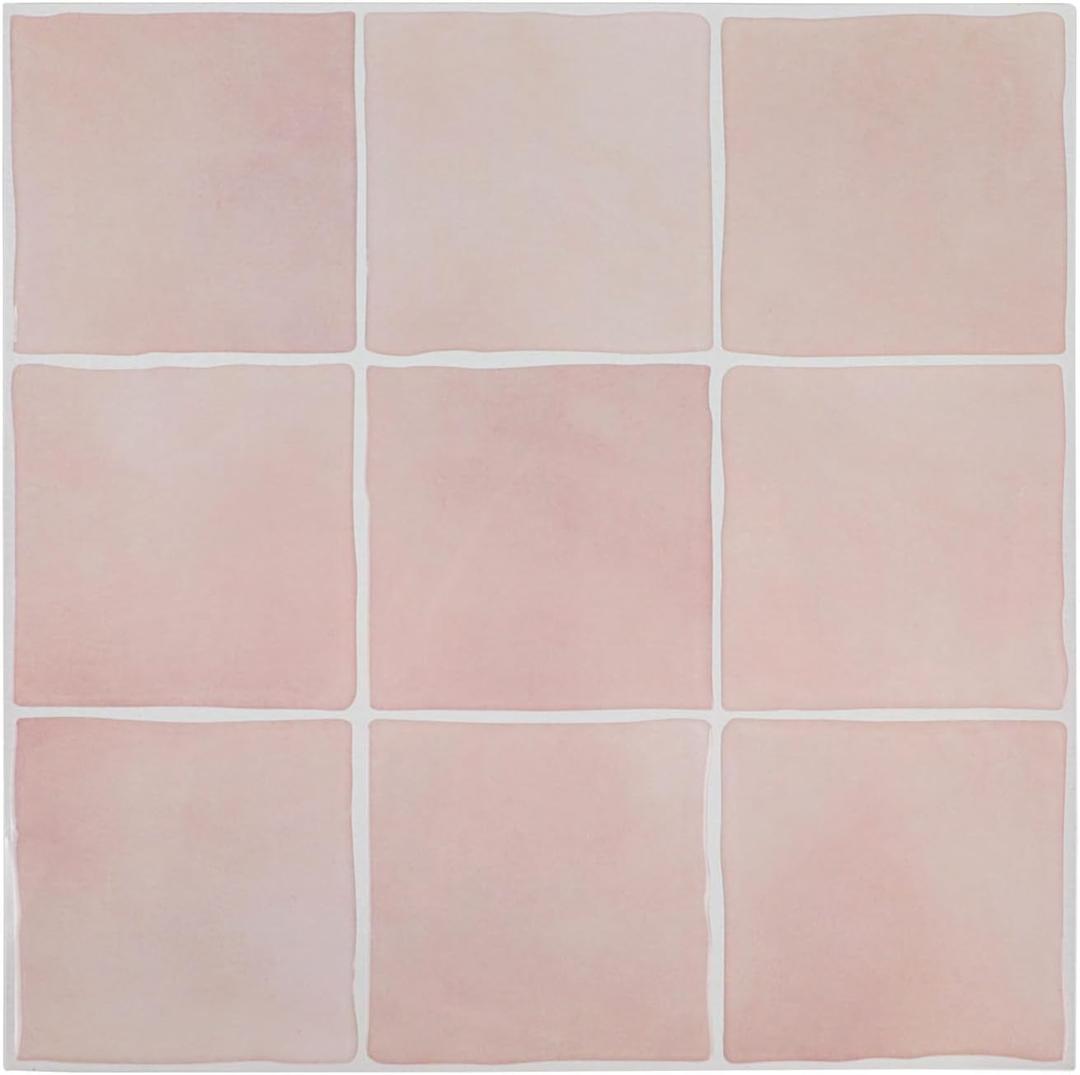 Rabat Pink Peel and Stick Backsplash Tiles, 10-Sheet Spanish Handmade Glossy Tile for Kitchen, Self Adhesive Wall Tile with Thin & Lightweight Design (12"  12",10 sq.ft)
