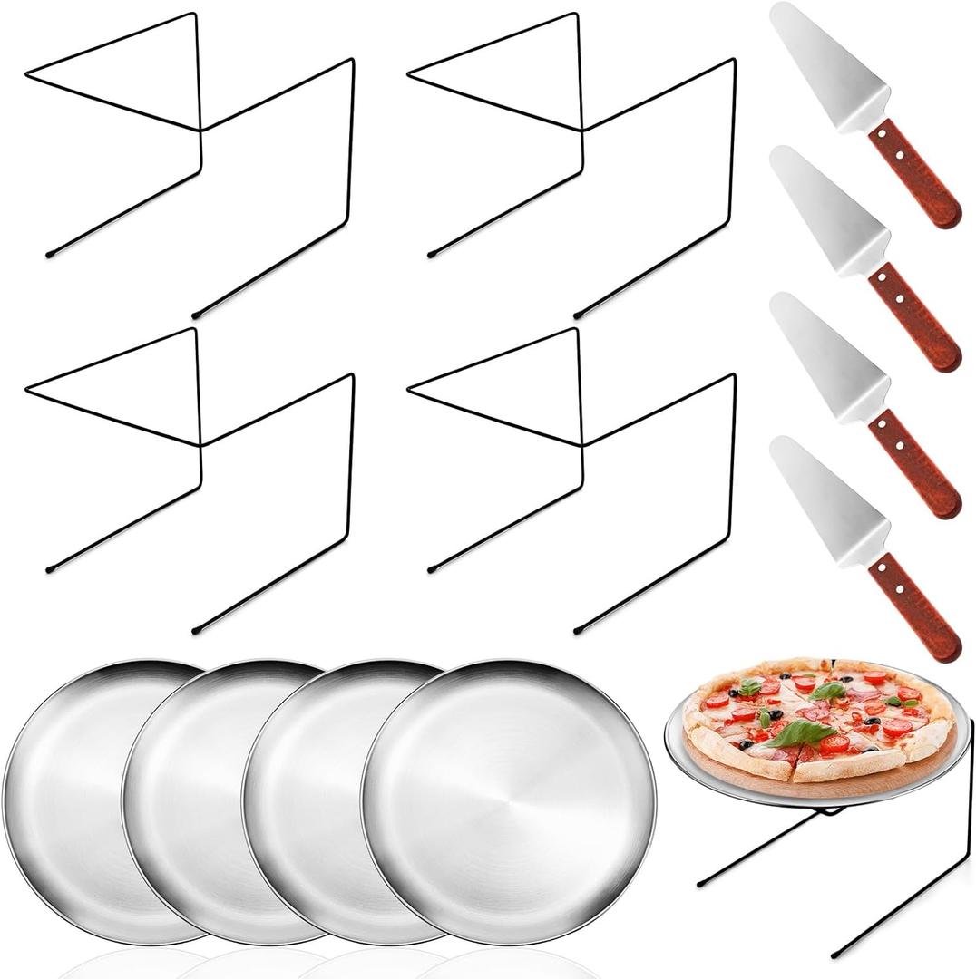 12 Pcs Pizza Pan Riser Stand Set: 4 Metal Pizza Stands, 4 Pizza Pan, 4 Wooden Pie Servers(Silver,Classic)