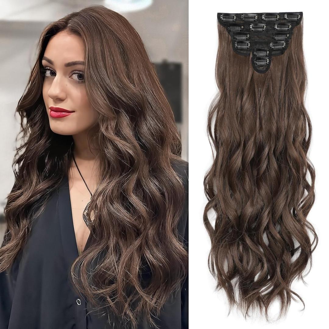 Clip in Hair Extensions for Women, Light Chocolate Brown Natural Extensions, 24 Inch 6PCS Hairpieces Long Wavy Soft Thick Hair Extensions Clip ins