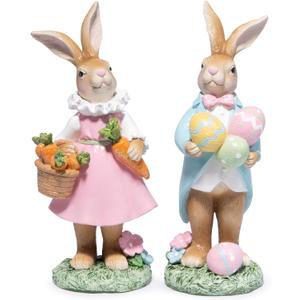 Hodao Easter Bunny Decoration Spring Rabbit Decor Gifts Handcrafted Resin Figurines Colorful and Charming Spring Decor for Home, and Holiday Celebrations (Set of 2) (Brown)