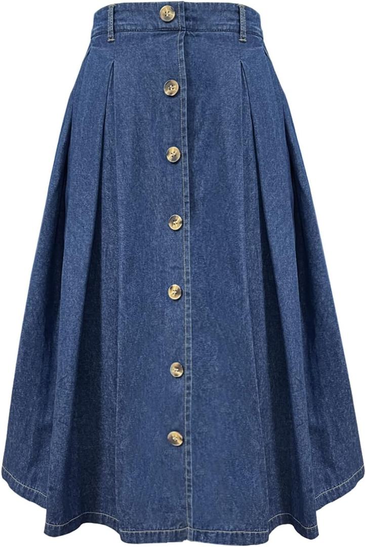 Pleated A-line Midi Skirt Elastic Waist Button Front Casual Flared Long Skirts with Pocket for Women (Denim(dark Blue)) S