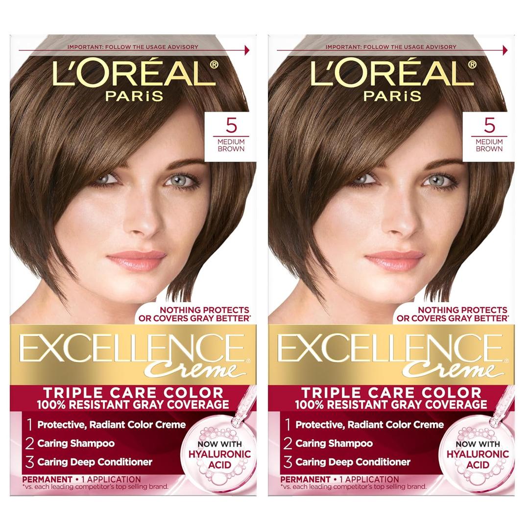 L'Oreal Paris Excellence Crme Permanent Hair Dye, Triple Care Hair Color with Hyaluronic Acid for 100% Gray Coverage, 5 Medium Brown, 1 Kit (Pack of 2)