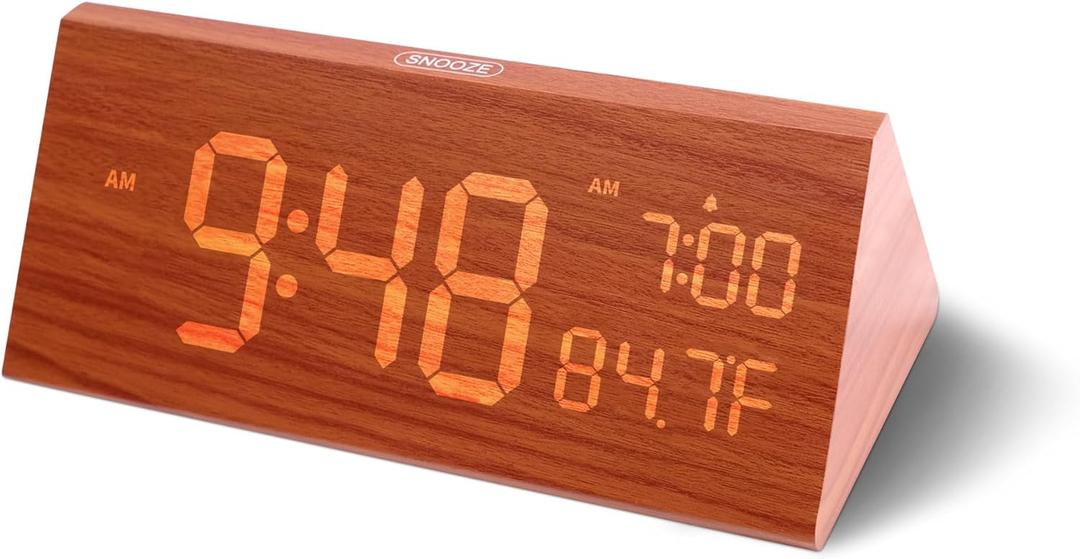 OhM-ega Wooden Digital Alarm Clock, Electric Clocks with Dual USB Port, Large Numbers, Temperature Display, Brightness Dimmer, Sound-Activated Display, Snooze, 12/24H, Brown