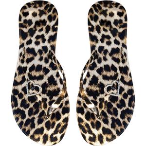 OYOANGLE Women's Leopard Print Flip Flop Sandals Rhinestone Heart Decor Vacation Casual Thong Sandal (10.5, Brown and Black)