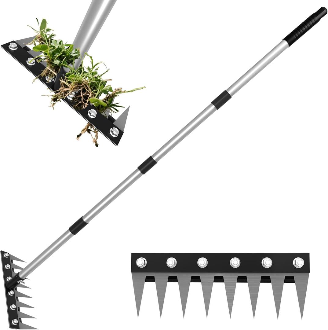 Weed Puller Tool with 10.6Iron Weed Rake Head, Long Handle Weeder Remover Tool Heavy Duty, Iron Rake Dandelion Gardenia Uprooting Tool for Yard, Lawn, Patio and Garden, Straight