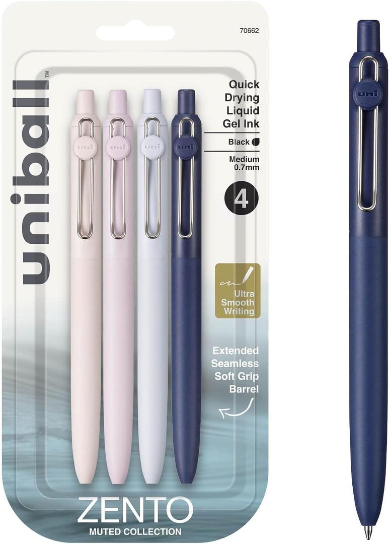2 x uni-ball Zento Gel Ink Rollerball Pens, 4 Black Medium Point Smooth Writing Pens, Colored Japanese Pens, Muted Colors