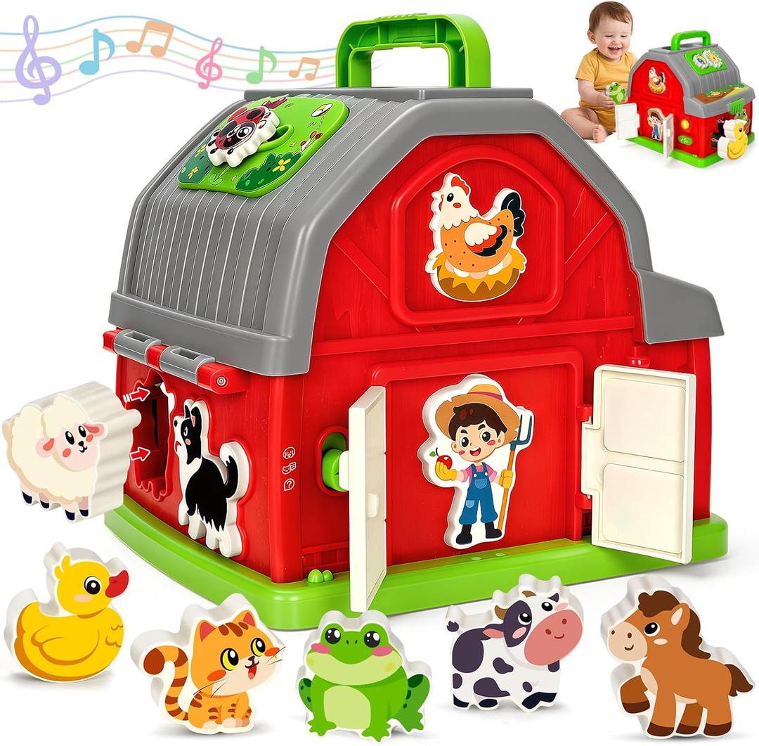 Toddler Toys for 1 2 3 Year Old Boys Girls, Upgraded Musical Farm Animal Barn Toy Gifts, Montessori Fine Motor Skill Learning & Educational Toys, Christmas Birthday Gift for Baby 12-18 Months+