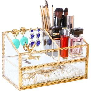 Golden Glass Box Vanity Tray Glass Case Makeup Display Organizer on Dresser, Multifunctional Cosmetic Storage for Palette Lipstick Makeup Brushes Skincare Perfumes Bathroom Accessories