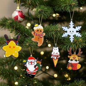 Ornaments for Christmas Tree Acrylic, 6 Pcs Small Hanging Decorations, Cute Cartoon Santa, Snowman, Reindeer, Gingerbread, Star, Snowflake Ornaments Set for Kids, Xmas Tree, Winter, New Year Party