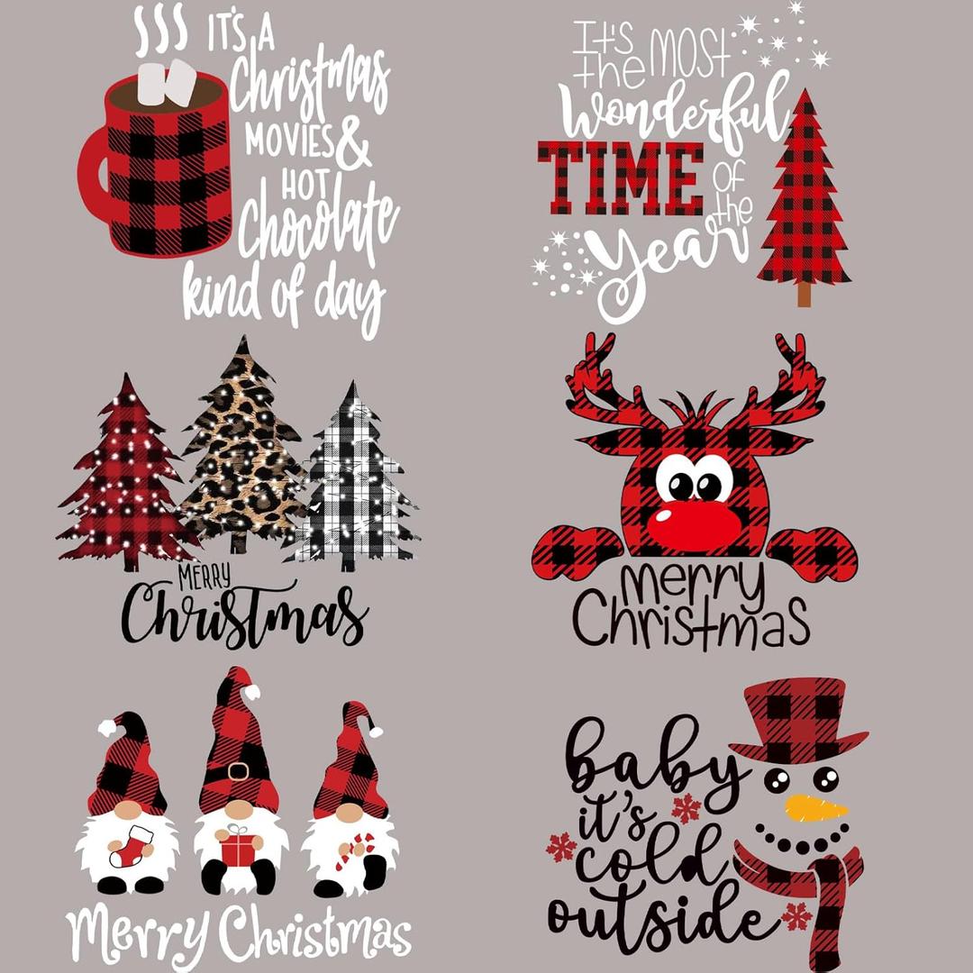 6 Sheets Christmas Iron on Transfers for Tshirts, Christmas DTF Transfers Ready to Press Black Red Plaid Heat Transfer for Clothes Bag Pillow Hat DIY Decorations